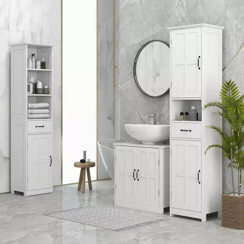 Meuble de rangement de salle de bain ultra-mince, meuble-lavabo haut avec étagères ouvertes, tiroirs et portes d'armoire intégrées.