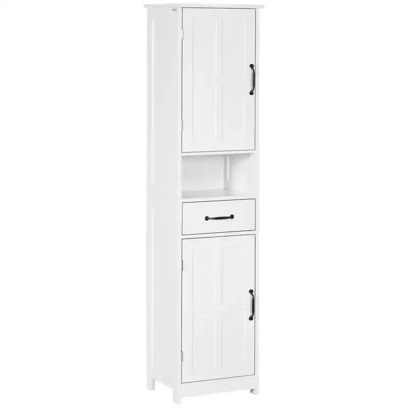 Meuble de rangement de salle de bain ultra-mince, meuble-lavabo haut avec étagères ouvertes, tiroirs et portes d'armoire intégrées.