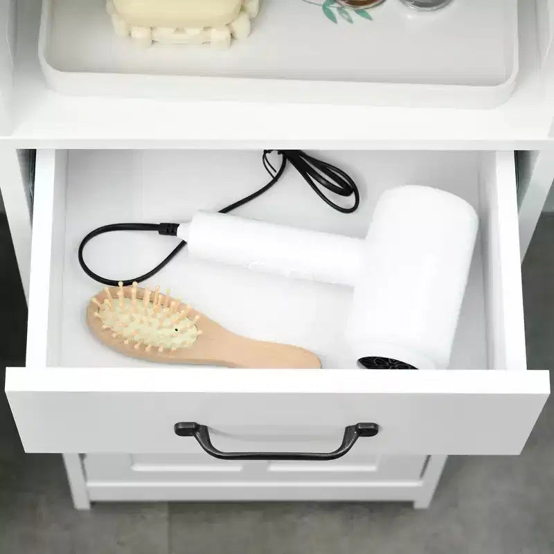Meuble de rangement de salle de bain ultra-mince, meuble-lavabo haut avec étagères ouvertes, tiroirs et portes d'armoire intégrées.