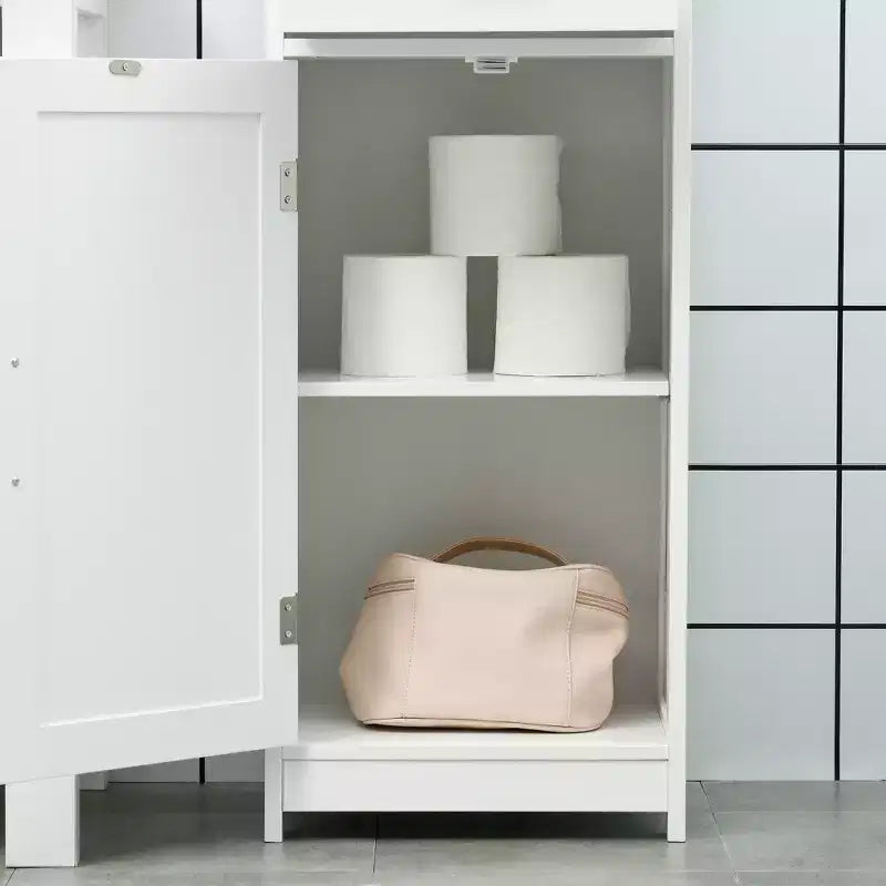 Meuble de rangement de salle de bain ultra-mince, meuble-lavabo haut avec étagères ouvertes, tiroirs et portes d'armoire intégrées.