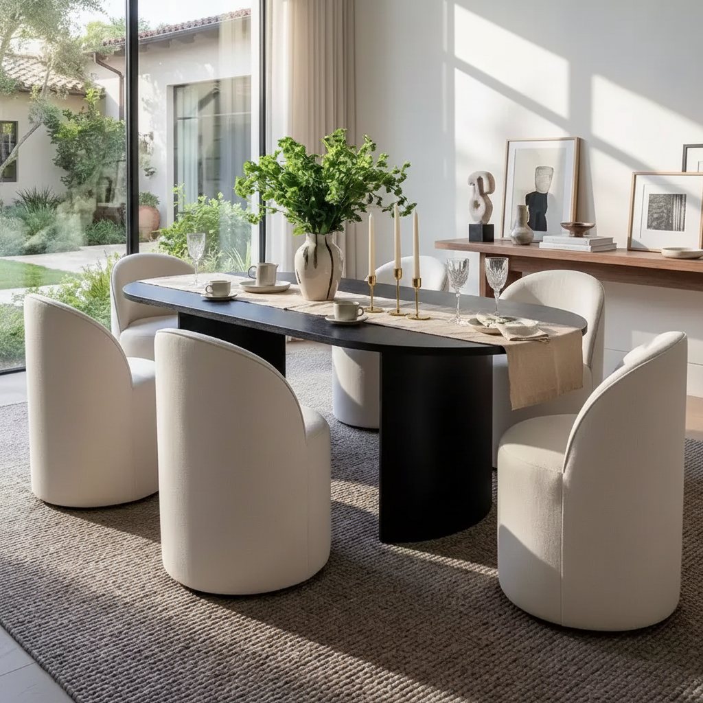 Ensemble table et 6 chaises de restaurant, table ovale, chaises baquets tapissées de lin