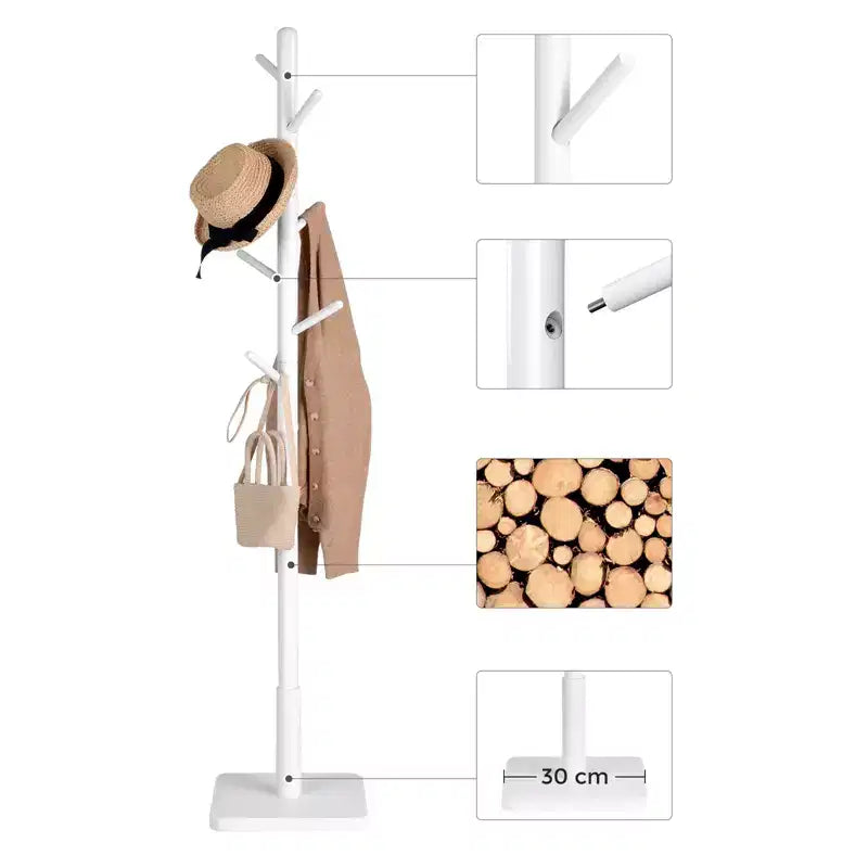 Porte-manteau en bois massif avec une base carrée robuste, disponible en 3 hauteurs.