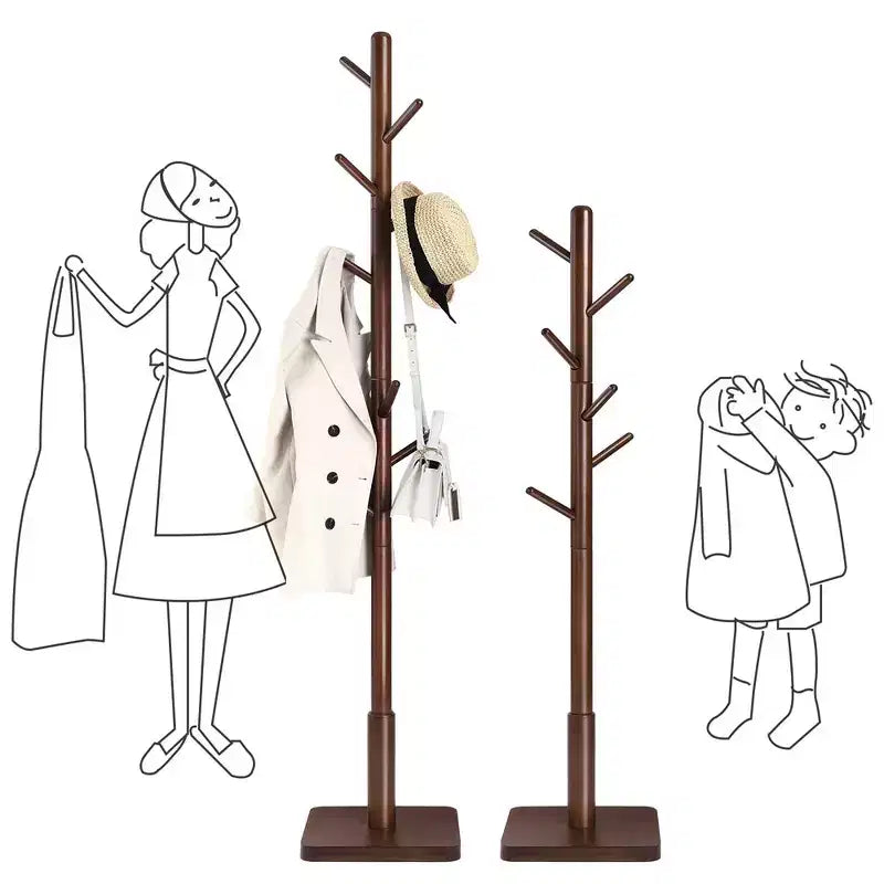 Porte-manteau en bois massif avec une base carrée robuste, disponible en 3 hauteurs.