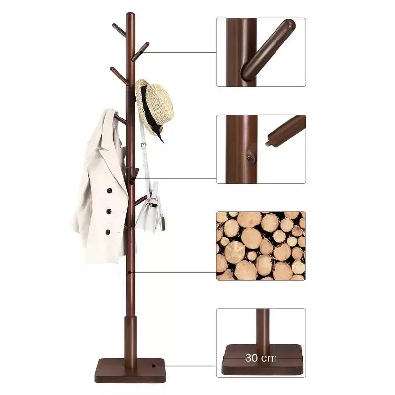 Porte-manteau en bois massif avec une base carrée robuste, disponible en 3 hauteurs.