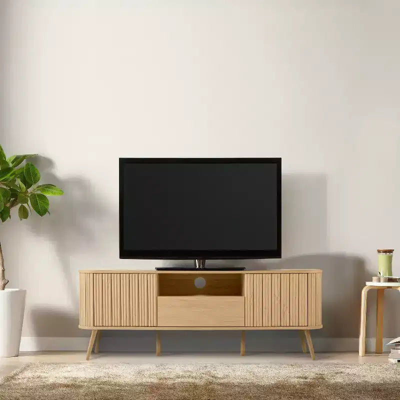 Meuble TV incurvé de style campagnard avec tiroirs et portes de rangement
