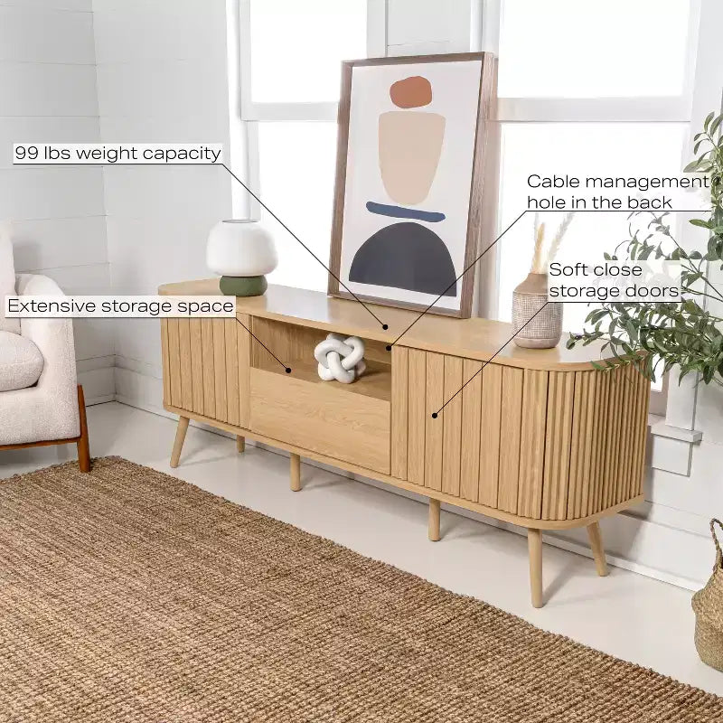 Meuble TV incurvé de style campagnard avec tiroirs et portes de rangement