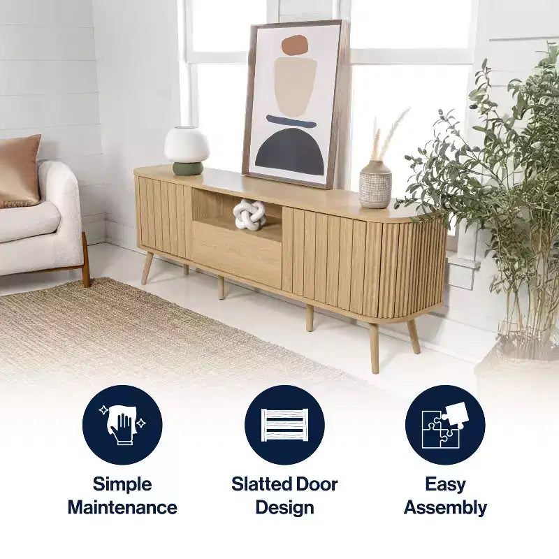 Meuble TV incurvé de style campagnard avec tiroirs et portes de rangement
