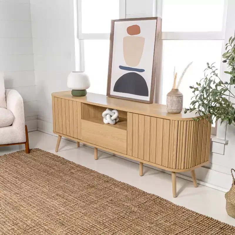 Meuble TV incurvé de style campagnard avec tiroirs et portes de rangement