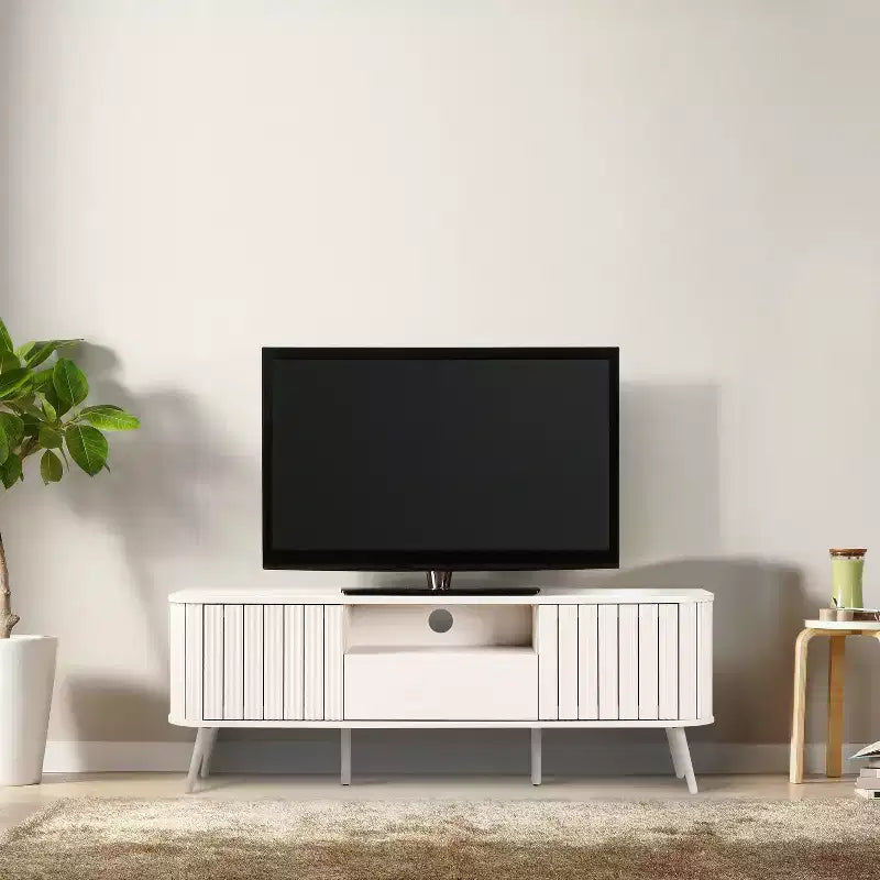 Meuble TV incurvé de style campagnard avec tiroirs et portes de rangement
