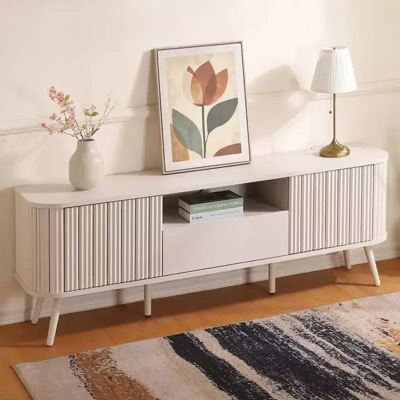 Meuble TV incurvé de style campagnard avec tiroirs et portes de rangement