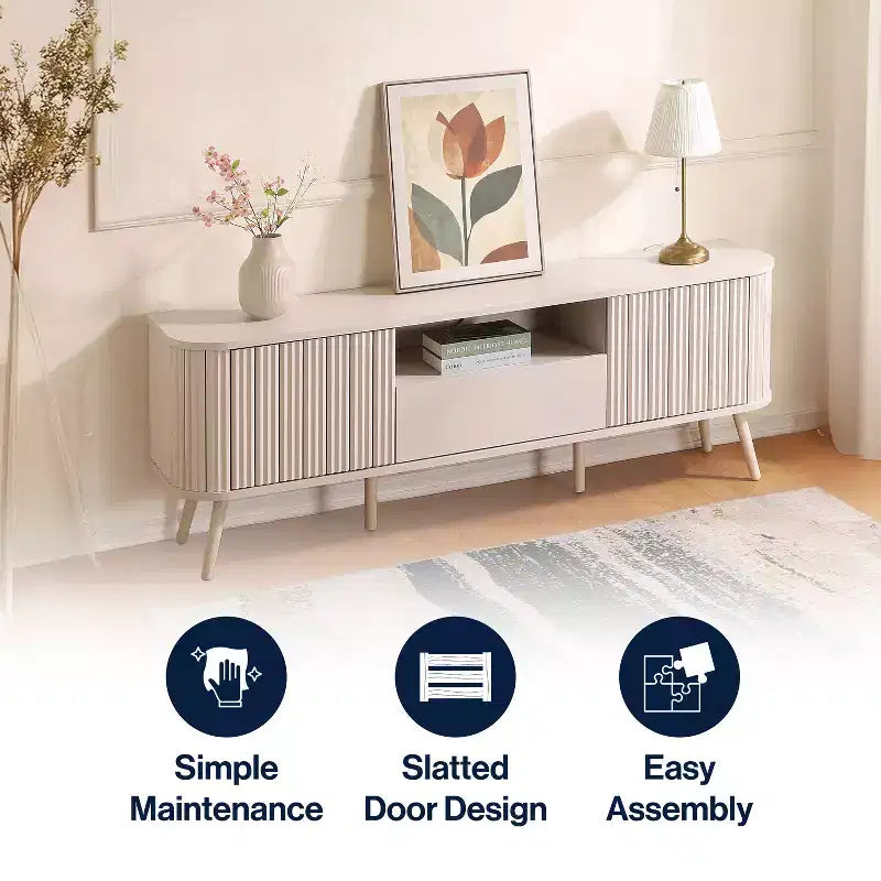 Meuble TV incurvé de style campagnard avec tiroirs et portes de rangement