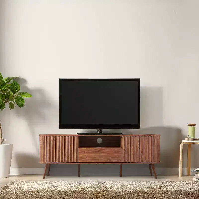 Meuble TV incurvé de style campagnard avec tiroirs et portes de rangement