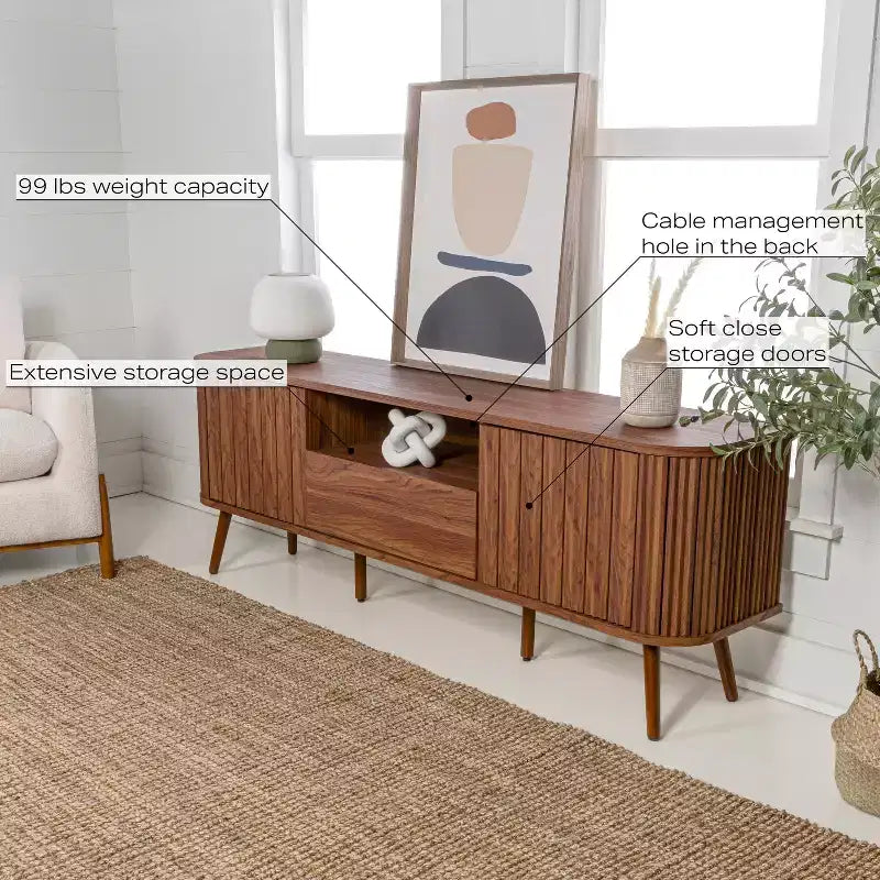 Meuble TV incurvé de style campagnard avec tiroirs et portes de rangement