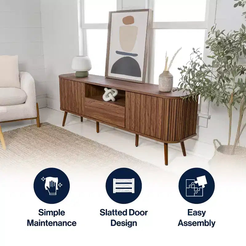 Meuble TV incurvé de style campagnard avec tiroirs et portes de rangement