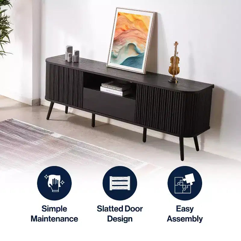 Meuble TV incurvé de style campagnard avec tiroirs et portes de rangement